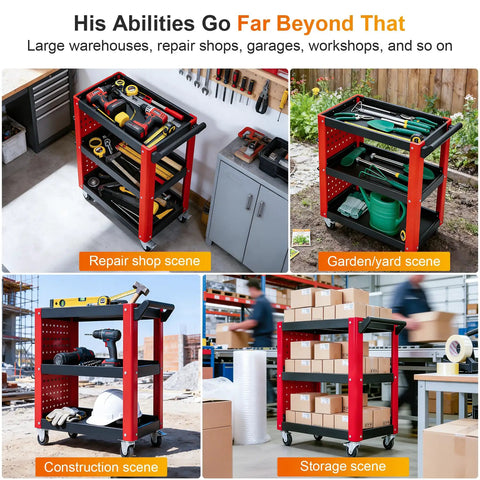 Heavy Duty 3 Tier Rolling Tool Cart Built Tough As Nails For Mechanics And Garage Shops Rock Solid Alloy Steel Frame With 1000 Lb Max Load Capacity Red Black in repair shop with tools.
