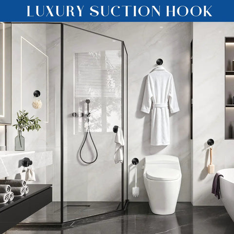 Total Game Changer For Your Washroom Matte Black 6 Pack Suction Hooks With Heavy Duty Grip To Hang Tough Towels And Gear No Drilling Mess Free Setup On Glass Smooth Tile Surfaces in modern bathroom.