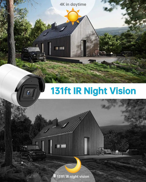 4K 8MP AcuSense PoE Bullet IP Camera For Indoor Outdoor Surveillance With Human And Vehicle Detection H265 Plus IP67 Weatherproof 2.8mm Lens Ultra Clear Night Vision showcasing day and night vision of a house in a forested area.