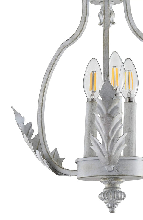 Antique White 12.2 Inch 3 Light Iron Semi Flush Mount Ceiling Fixture with Candle Style Design, LED bulbs, close-up of fixture detail