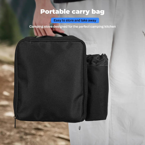 Person holding carry bag for Dual Burner Propane Camping Stove With Piezo Ignition, Portable Folding Grill, Windproof Outdoor Stove With Carry Bag, 16000 BTU