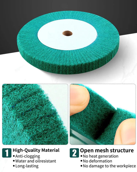 Heavy Duty 8 Inch Bench Grinding Wheels With 240 Grit Non Woven Tight Weave Buffing Pads Rock Solid, showing green buffing wheel close-up.