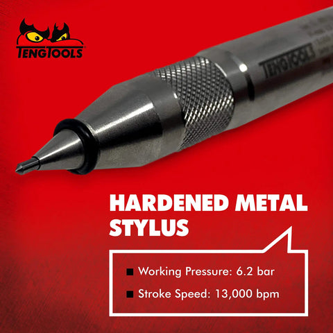Close-up of 360 Degree Precision Steel Pneumatic Air Scribe Engraving Pen With Metal Stylus, showing hardened metal tip and knurled grip.