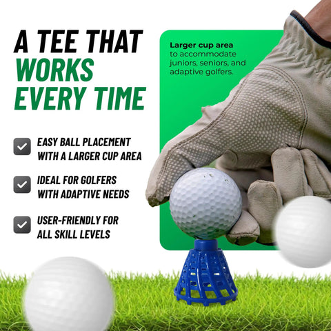 A gloved hand placing a golf ball on Pro Speed Plus Flexible Plastic Golf Tees Eight Pack For Indoor Golf And Golf Simulators White Durable Tees With Higher Flex Tech And Game Changing Consistent Heights From Quarter Inch To Two Inch For Realistic Practice.