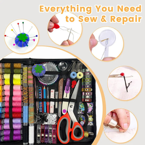 Image of the All-In-One Sewing Kit For Adults And Beginners, 295-Piece Pro-Grade Portable Mending Set with thread spools and scissors