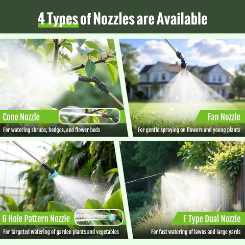 Four nozzle types for Powerful Battery Powered Sprayer 2 Gallon Electric Weed Sprayer With 3 Adjustable Spray Pressures, Battery Indicator.