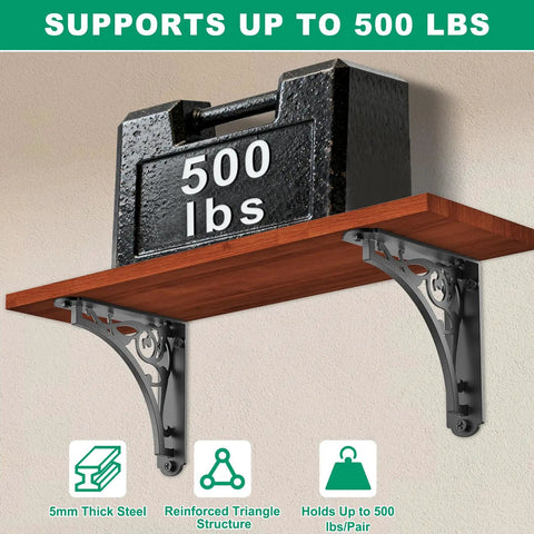 Heavy Duty Shelf Brackets 8 Inch Black Steel Wall Mount Supports For Wood And Metal Industrial Decor With 500 Lbs Load Capacity, holding a weight on a wooden shelf.
