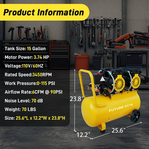 15 Gallon Portable Air Compressor With 3.7 HP Motor And 115 PSI Max Pressure in a workshop setting.