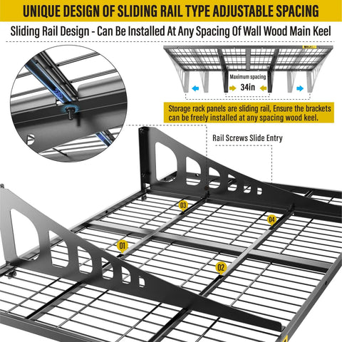 Adjustable rail system on 2x3ft Wall Mounted Garage Storage Shelf Set with steel frame for tool rooms, close-up view.