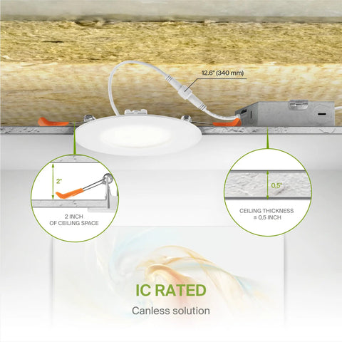3 Inch LED Recessed Light Kit Ultra Thin Dimmable Ceiling Lights With J Box 2700K 3000K 3500K 4000K 5000K Color Temps 6W 30W Equivalent Canless Wafer Round Slim Panel UL Energy Star Black 6 Pack in ceiling installation illustration showing dimensions and IC rated canless setup.