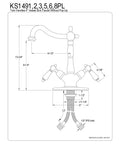 Technical drawing of KS1491PL Vessel Sink Faucet in Polished Chrome with dimensions and installation details.