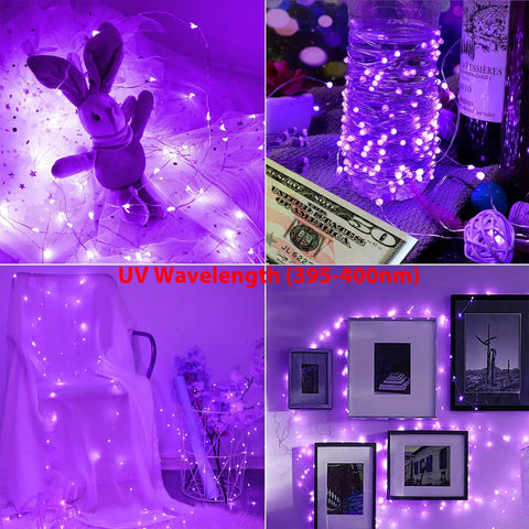 Battery Operated UV Black Light String Lights With 50 LEDs, 16.5 Ft Flexible Fairy Lights, displaying in various settings.