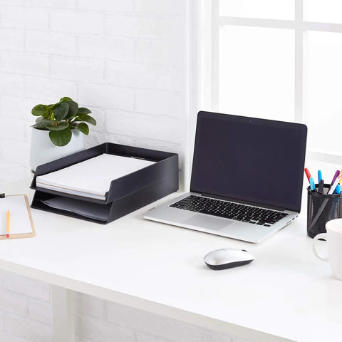 Rectangular Desk Organizer Letter Size Document Tray Two Pack Black Heavy Duty Plastic Stacking Caddy keeping office files tidy on a desk.