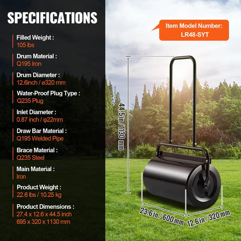 Large Capacity Lawn Roller 13 Gallon Heavy Duty Steel Sand Or Water Filled With Easy Turn Plug And U Shaped Ergonomic Handle