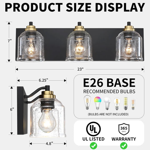 Product size display of 24 Inch Vanity Light With Black And Gold Finish, Three Light Over Mirror Bathroom Fixture With Clear Glass Shade