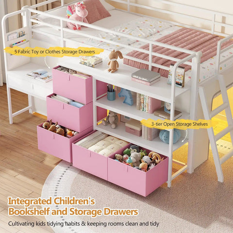 Low Loft Bed With Desk And Six Storage Drawers For Kids Space Saving Twin Loft Bed With Bookshelf LED Lights Under Bed Play Space Guardrail 13.8 Inches Inclined Ladder And Play Curtain Pink And White side view with storage