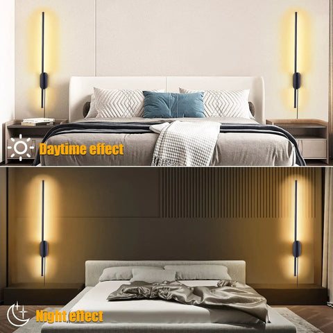 Set Of Two Black Matte Plug In Wall Sconces With Cord Switch LED Linear Wall Lights Sleek Slim Design in a bedroom