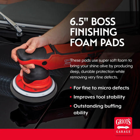 Person using Boss 6.5-Inch Fast Correcting Foam Pads For Car Polishing And Detailing, ultra-soft buffing pads, pro-grade finish.