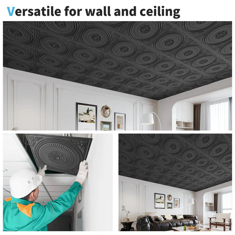12 Pack Drop Ceiling Tiles 2x2 Ft Dope Black PVC Panels For Interior Kitchen Bathroom Basement Easy Install Waterproof Lightweight 24x24 Inch Decorative Ceiling Tiles For T Bar Grids shown installed in living room ceiling.