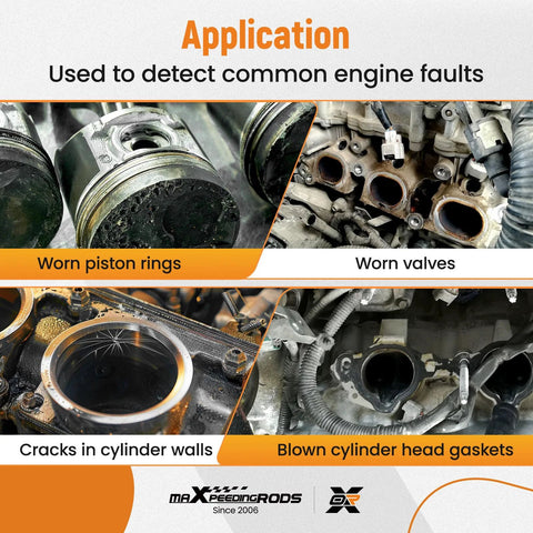 maXpeedingrods cylinder leak-down tester kit collage showing engine faults: worn piston rings, worn valves.