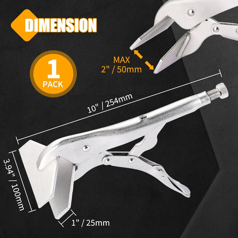 Heavy Duty 10 Inch Locking Sheet Metal Clamps dimensions showing 10 inch length and 2 inch max grip, high carbon steel