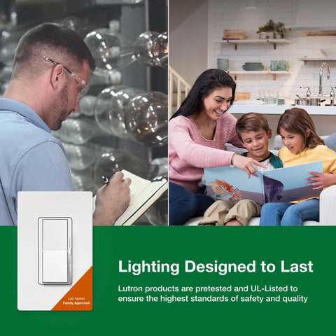Diva LED Plus Dimmer Light Switch used in home setting, safety testing in factory, family reading together, emphasizes quality DVCL-153P-WH-5
