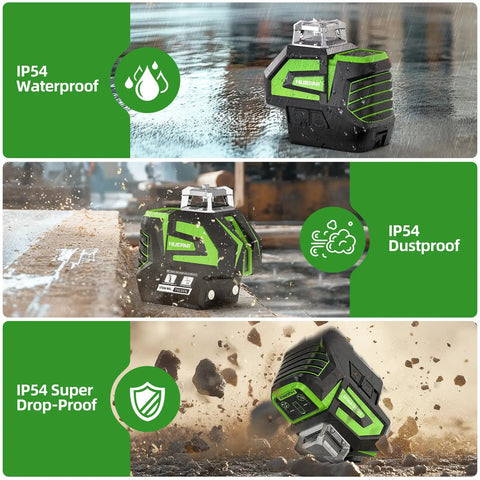 Self Leveling Green Cross Line Laser Level With 360 Degree Horizontal Beam And 140 Degree Vertical Plumb Dots, IP54 waterproof, dustproof, drop-proof