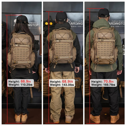 Three men wearing 35L MOLLE Tactical Backpack For Men Cordura 915D Durable Fabric Heavy Duty Hiking Camping Survival Pack Tear Resistant.
