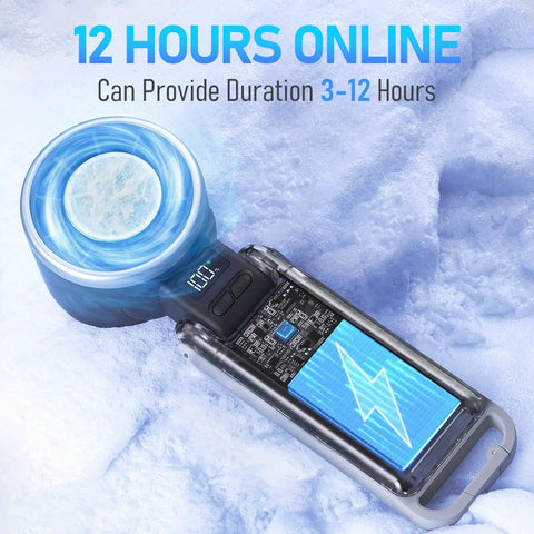 Portable Handheld Turbo Fan With Ice Cooling Rechargeable Personal Fan resting on snowy surface showing battery life display