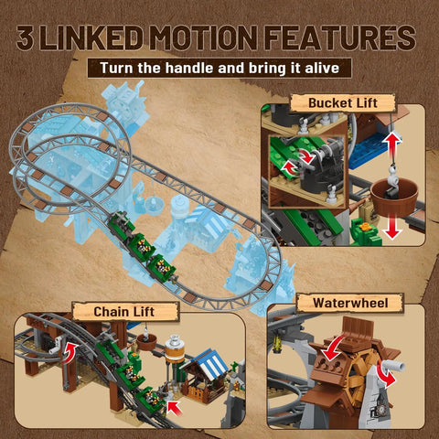 1170 Piece Mine Roller Coaster Building Blocks Set for Builders and STEM Geeks with chain lift, waterwheel, bucket lift visible