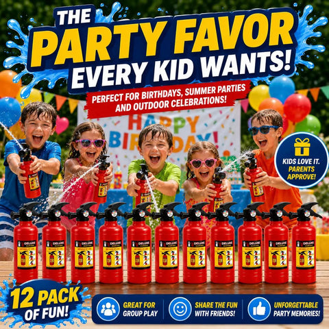 Four kids joyfully spraying water with 12 Pack Fire Extinguisher Water Squirter Guns For Kids Premium Plastic Design.