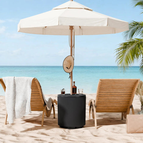 Outdoor Umbrella Stand With Hole And Water Bladder Base, Fluted Vertical Ribbed Design, All Weather Poolside Side Table For Patio Garden, Black