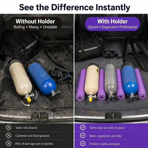 Comparison of scuba cylinders in a car trunk with and without collapsible scuba tank holder, showing organization benefits.