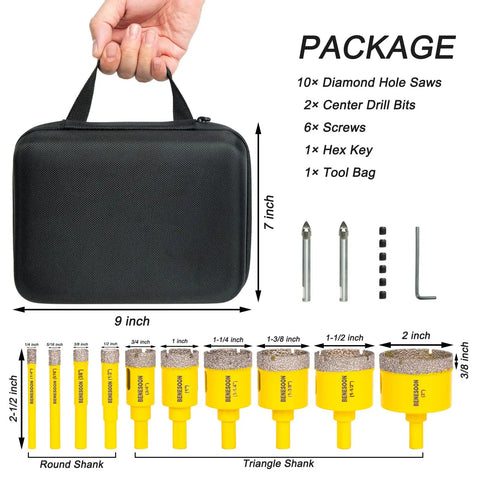 Diamond Hole Saw Kit 10 Pieces With Pilot Bits For Tile Ceramic Glass Pro Grade Set in case with accessories and measurements