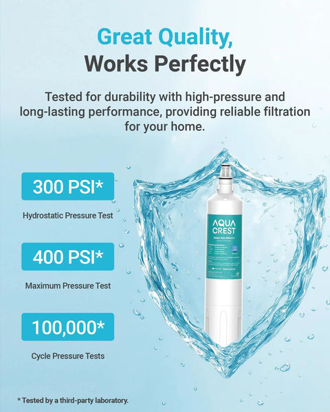 Product image of Aqua Crest filter with pressure test results for Replacement Water Filter Cartridge For InSinkErator F1000 F2000 F3000 500 Gallon Capacity Three Pack NSF ANSI 42 Certified With Activated Carbon Block For Cleaner Great Tasting Water And Longer Filter Life