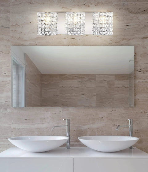 Chrome Modern LED Vanity Light Sconce, 3-Light Glass Crystal Shade above double sinks in bathroom