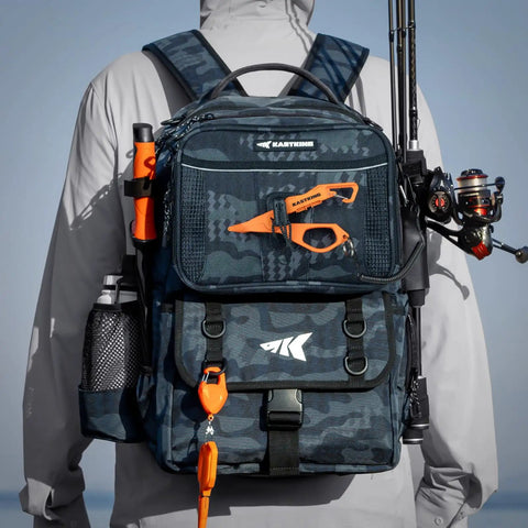 Person carrying BaitSpace 50L Fishing Tackle Backpack with Removable Bait Binder and Four Tackle Boxes, Blue Camo Gear Carrier