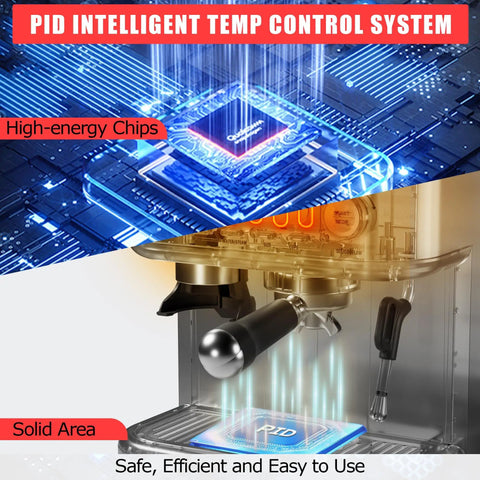 Premium Semi Automatic Espresso Machine With Built In Conical Burr Grinder 15 Bar Pump Pid Temp Control displaying PID temp control system.