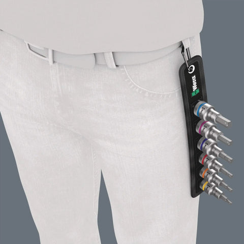 6-Piece 1/2-Inch Drive Hex-Plus Socket Set With Belt Holder and Holding Function attached to waistband.