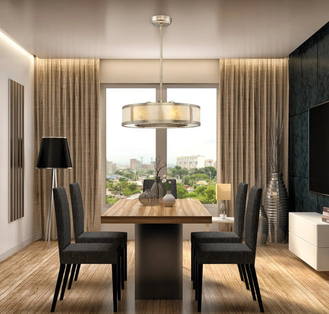 Slick Mid Century Modern Fandelier Ceiling Fan With Remote Control Mica Drum Pendant Light Silver Dust Finish Six Light Rad Top Rated Fixture Sweet Home Decor Vibe hanging over a dining table in a modern room.
