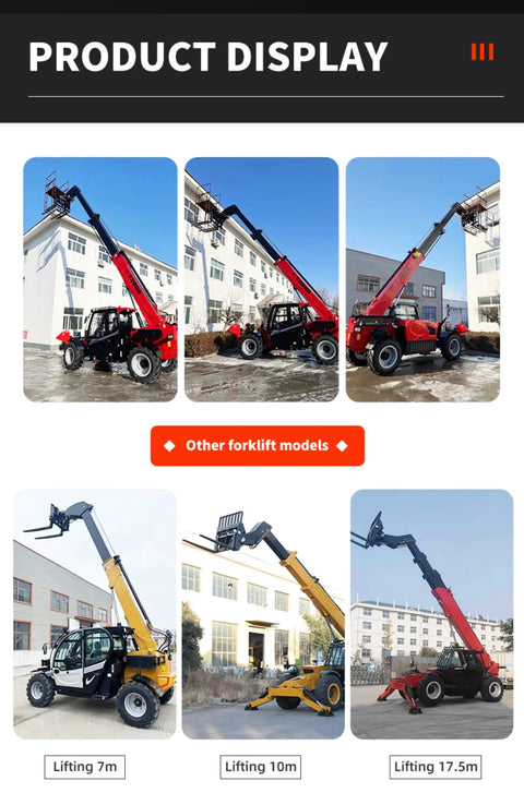 Heavy Duty 4Wd Telehandler Forklift Rig With Swappable Forks Heavy Bucket And Crane Jib For Ag And Construction Jobs Made Easy Anytime You Break Out The Big Guns lifting product display at various heights.