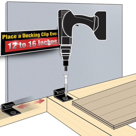 Illustration of Hidden Deck Start Clips For Grooved Composite Decking with hidden fasteners being installed using a drill.
