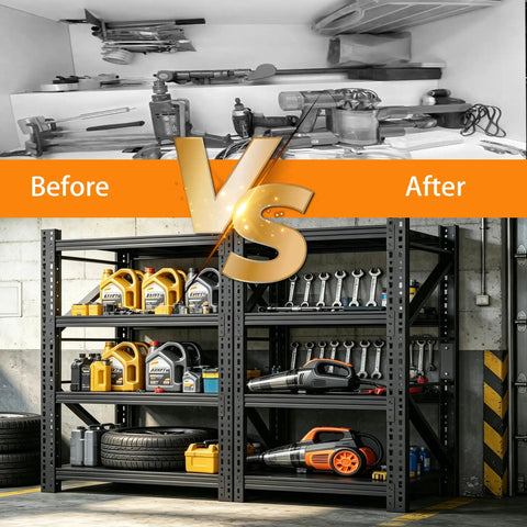Beefed Up Garage Shelving System 73 Inches High, Ultra Heavy Duty, 4000 Pound Total Load Capacity, No Sag Steel Shelves With Reinforced Beams And Brackets, Easy Assembly, Holds Heavy Tools, Bins And Gear in garage