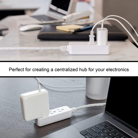 Three Outlet Power Strip With Eight Foot Braided Extension Cord Grounded Surge Protector Flat Plug ETL Listed White Gray Chevron Fabric Cord For Laptops Desktops TVs Gaming Consoles And More Plug In Ready in office setting