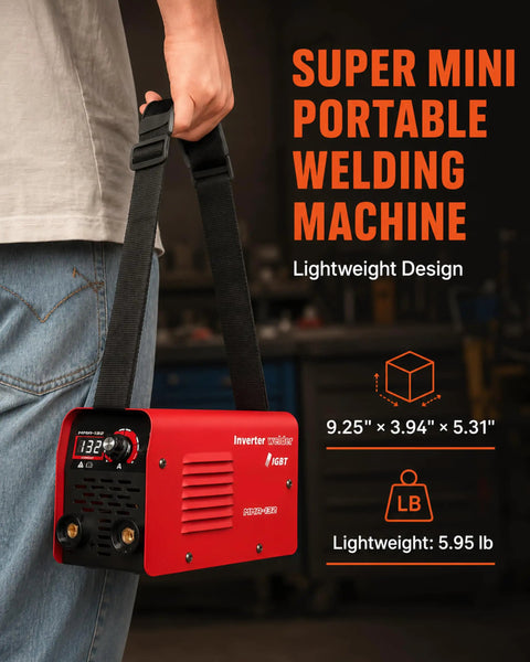 132A 110V Arc Welder With IGBT Inverter Hot Start Arc Force Anti Stick Portable Mini Welder shown on hip with strap