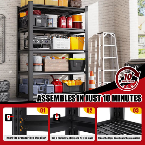 Beefy 5 Tier Heavy Duty Wire Garage Shelving System 72 By 59 By 20 Inch 2500 Lbs shown fully assembled in a garage environment.