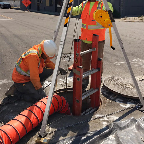 Two workers using Built Like A Tank Heavy Duty Confined Space Tripod Winch Kit With Secure Harness near a manhole.