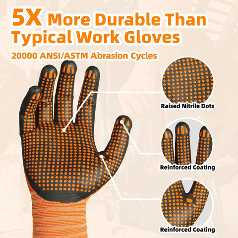 Nitrile Coated Safety Work Gloves With MicroFoam Palm And MicroDot Grip For Tough Jobs 3 6 12 Pairs ANSI Level 6 Abrasion Resistant Gardening Gloves Touchscreen Compatible General A1 Cut Resistant Size L, showing raised nitrile dots and reinforced coating enhancing durability.