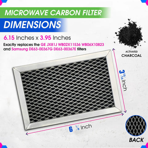Odor Busting Microwave Charcoal Filter Replacement 6.15 x 3.95 Inches For Over The Range Ovens 2 Pack Fits JX81J WB02X11536 WB06X10823 Freshens Kitchen Air And Filters Vent Hood with dimensions shown, filter and charcoal detail