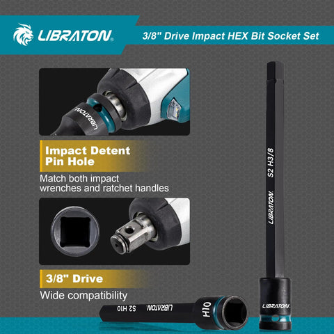 3/8 Inch Drive Long Impact Hex Bit Socket Set Built Like A Tank With S2 Steel Insert And CRV Body featuring impact detent pin hole.